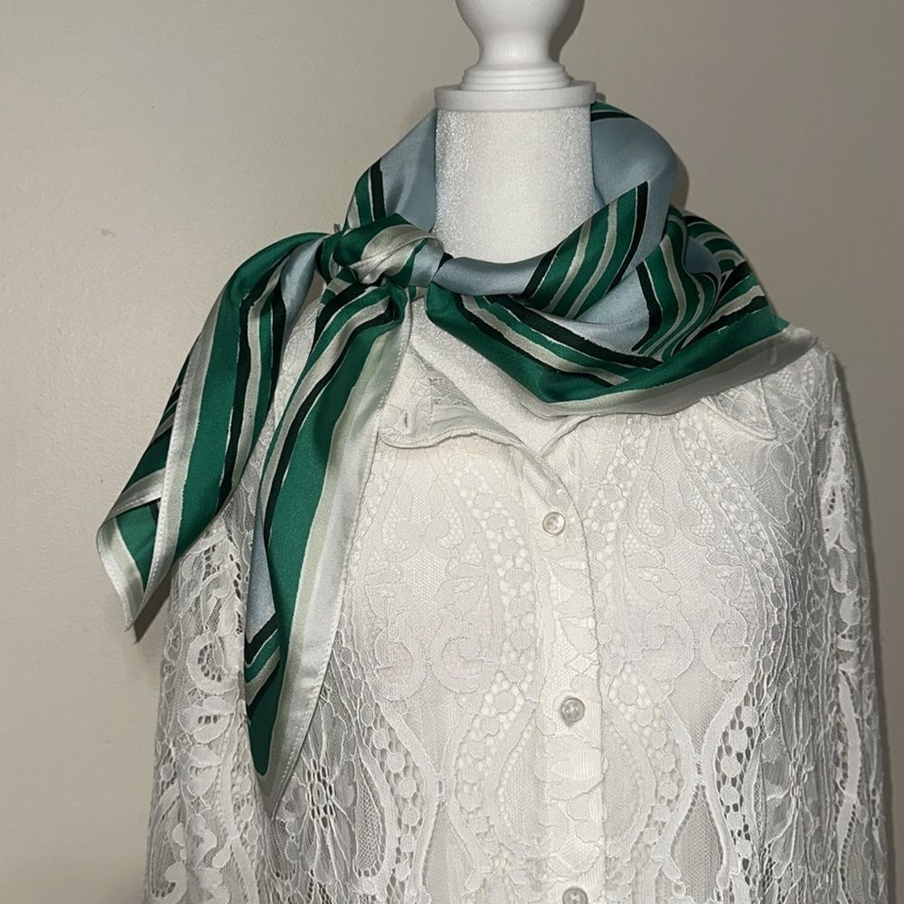 Madewell White Blue Shades of Green Square Silk Bandana Scarf - Picture 6 of 16